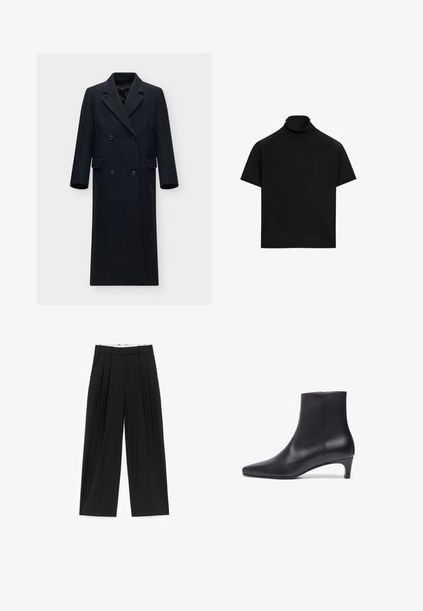 Lange zwarte dubbelgeknoopte jas met brede revers, twee klepzakken en mouwen met volledige lengte op een effen lichte achtergrond.; Zwart shirt met korte mouwen en een coltrui, losse pasvorm en eenvoudig ontwerp op een witte achtergrond.; Zwarte broek met wijde pijpen, voorplooien, riemlussen en zijzakken, ontworpen voor een getailleerde pasvorm.; Zwarte leren enkelboot met een puntige neus, een gladde textuur en een bescheiden hak, met een slank ontwerp zonder zichtbare hardware of accenten.