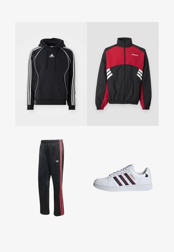 Mustast ja punasest Adidas jooksujakk täispika eesrihma, püstkrae, elastsete mansettide ja valge kolme triibuga logoga rinnal ja külgedel.; Musthave musta Adidas kapuutsiga, millel on valged triibud varrukatel, valge ääris ees, eesmine tasku ja reguleeritav kapuuts.; Mustad dressipüksid vertikaalse soonikuga, külgedel punaste ja valgete triipudega ning väike valge logo vasakul säärel.; adidas Originals Tossud - white
