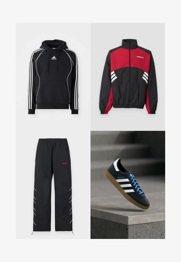 Schwarze und rote Adidas Trainingsjacke mit durchgehendem Frontreißverschluss, Stehkragen, elastischen Bündchen und weißem Drei-Streifen-Logo auf Brust und Seiten.; Schwarzer Adidas-Hoodie mit weißen Streifen an den Ärmeln, weißen Paspeln auf der Vorderseite, vorderer Kängurutasche und kapuze mit Kordelzug.; Schwarze Adidas-Trainingshose mit elastischem Bund, rotem Logo am rechten Oberschenkel, weißen diagonalen Streifen an den Beinseiten und Knöchelverstellern.; Schwarzer Adidas-Sneaker mit weißen Streifen, blauen Schnürsenkeln und Gummisohle, der über einer grauen Betontreppe im weichen Licht schwebt.