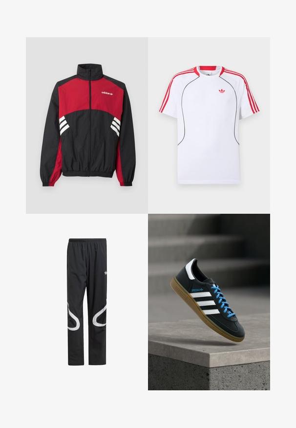 Čierna a červená bunda Adidas s plným predným zipsom, stojatým golierom, elastickými manžetami a bielym logom s tromi pásikmi na hrudi a stranách.; Biele športové tričko s krátkym rukávom, s červenými pruhmi na ramenách a rukávoch, čiernym lemovaním vpredu a červeným logom Adidas trefoil na hrudi.; Čierne športové nohavice s elastickým pásom, s veľkými bielymi zakrivenými akcentmi po stranách a malým logom na hornej strane stehna.; Čierna teniska Adidas s bielymi pruhmi, modrými šnúrkami a gumovou podrážkou, ktorá sa vznáša nad sivým betónovým schodom v mäkkom svetle.