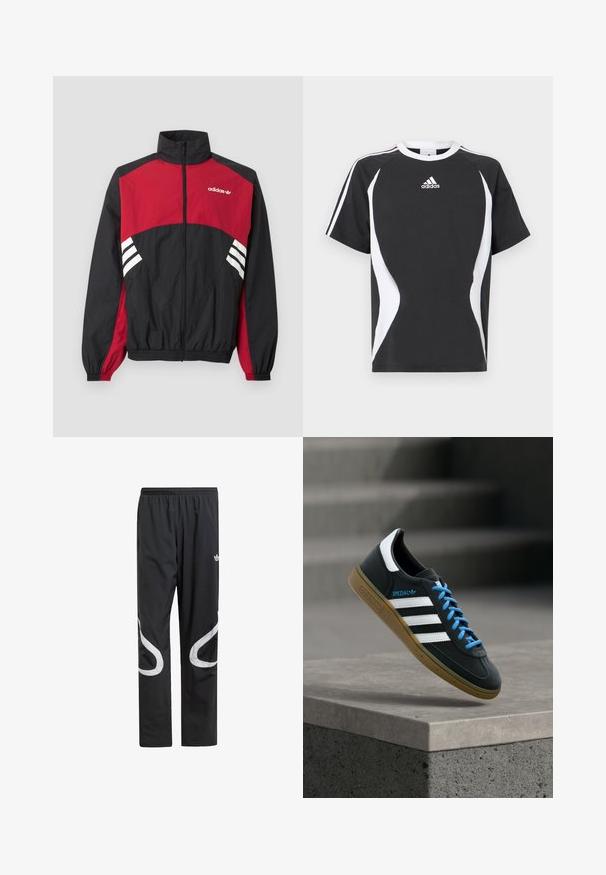 Schwarze und rote Adidas Trainingsjacke mit durchgehendem Frontreißverschluss, Stehkragen, elastischen Bündchen und weißem Drei-Streifen-Logo auf Brust und Seiten.; Schwarzes kurzärmeliges T-Shirt mit weißen Designakzenten und Adidas-Logo auf der Brust. Hergestellt aus weichem Baumwollmaterial mit Rundhalsausschnitt.; Schwarze Sporthosen mit einem elastischen Bund, die große weiße geschwungene Akzente an den Seiten und ein kleines Logo an der Oberschenkeloberseite aufweisen.; Schwarzer Adidas-Sneaker mit weißen Streifen, blauen Schnürsenkeln und Gummisohle, der über einer grauen Betontreppe im weichen Licht schwebt.