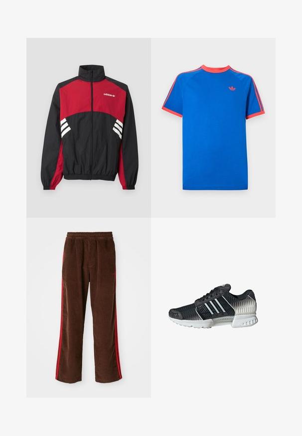 Chaqueta deportiva Adidas en negro y rojo con cremallera completa en el frente, cuello alto, puños elásticos y logo blanco de tres rayas en el pecho y los laterales.; Camiseta de algodón azul con cuerpo sólido azul, mangas raglán, cuello color coral y rayas color coral con un pequeño logo en el pecho.; Pantalones de pana marrones con una cintura elástica, que presentan rayas laterales rojas y piernas rectas. Tela texturizada con sutiles detalles acanalados.; Zapatilla deportiva negra y gris con suela blanca, parte superior de malla, rayas laterales y cierre con cordones, vista desde el lado exterior sobre un fondo blanco.