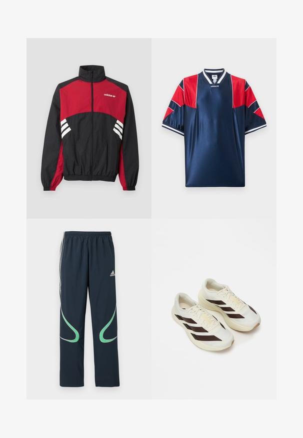 Μαύρο και κόκκινο μπουφάν Adidas με ολόκληρο μπροστινό φερμουάρ, ψηλό γιακά, ελαστικά μανσέτες και λευκό λογότυπο με τρεις λωρίδες στο στήθος και στις πλευρές.; Σκούρο μπλε αθλητική φανέλα Adidas με κόκκινες διχτυωτές επιφάνειες στους ώμους και τα μανίκια, λευκή ριγωτή λαιμόκοψη και μανσέτες, λογότυπο στο στήθος.; Σκούρα μπλε παντελόνια αθλητικά από ελαφρύ ύφασμα, με λευκές ρίγες στα πλάγια και πράσινες καμπυλωτές λεπτομέρειες. Ελαστική μέση για άνεση.; Ανοιχτόχρωμα αθλητικά παπούτσια με σκούρες καφέ διαγωνίους ρίγες, υφασμάτινο επάνω μέρος με υφή και μαλακή σόλα. Διαθέτει κίτρινη σήμανση "ADIZERO".