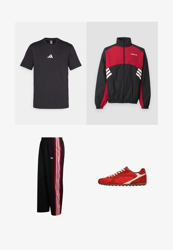 Schwarze und rote Adidas Trainingsjacke mit durchgehendem Frontreißverschluss, Stehkragen, elastischen Bündchen und weißem Drei-Streifen-Logo auf Brust und Seiten.; Schwarzes Baumwoll-T-Shirt mit kurzen Ärmeln, das ein weißes Adidas-Logo auf der Brust zeigt. Klassisches Rundhalsdesign.; Schwarze Mesh-Hose mit weitem Schnitt, roten und weißen Streifen an den Seiten und kleinem weißem Logo auf der linken Seite. Elastischer Bund.; Roter Sneaker mit niedrigem Schaft, weißem Seitenstreifen, weißen Schnürsenkeln, strukturierten Paneelen und brauner Gummisohle, im Seitenprofil auf weißem Hintergrund gezeigt.