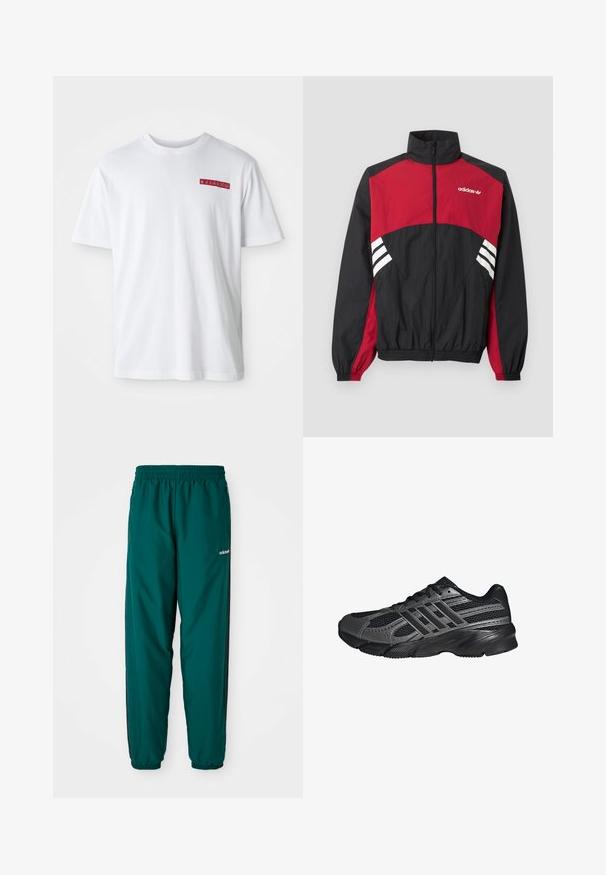 Čierna a červená bunda Adidas s plným predným zipsom, stojatým golierom, elastickými manžetami a bielym logom s tromi pásikmi na hrudi a stranách.; Biely bavlnený tričko s okrúhlym výstrihom, krátkymi rukávmi a malým červeným grafickým detailom na ľavej strane hrudníka.; Zelené športové nohavice vyrobené z ľahkej látky, s elastickým pásom, bočnými vreckami a čiernymi bočnými pruhmi. Viditeľné logo Adidas.; Čierne športové topánky vyrobené z pletiva a syntetických materiálov, s textúrovaným povrchom, viacerými šedými pruhmi a polstrovaným golierom.