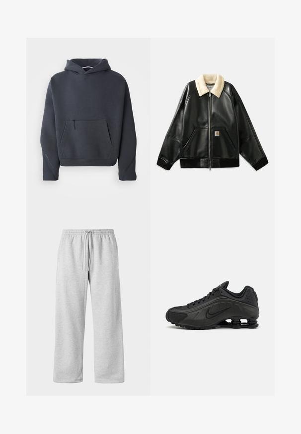 Musta nahkatakki, jossa on beige sherpa-kaulus, vetoketjusuljenta ja kaksi sivutaskua. Varustettu ribbailluilla hihansuilla ja pienellä logo-tarralla.; Tummanharmaa huppari pehmeästä kankaasta, jossa on vetoketjullinen etutasku, ribatut hihansuut ja pieni logo rinnassa.; Harmaat collegehousut, joissa on nyöri vyötäröllä, valmistettu pehmeästä puuvillasekoitteesta, leveillä lahkeilla ja sileällä pinnalla. Taskuja ei ole näkyvissä.; Mustat juoksukengät, joissa on sileä synteettinen päällinen, rei'itetyt yksityiskohdat, teksturoidut sivupaneelit ja erottuva joustava pohja.