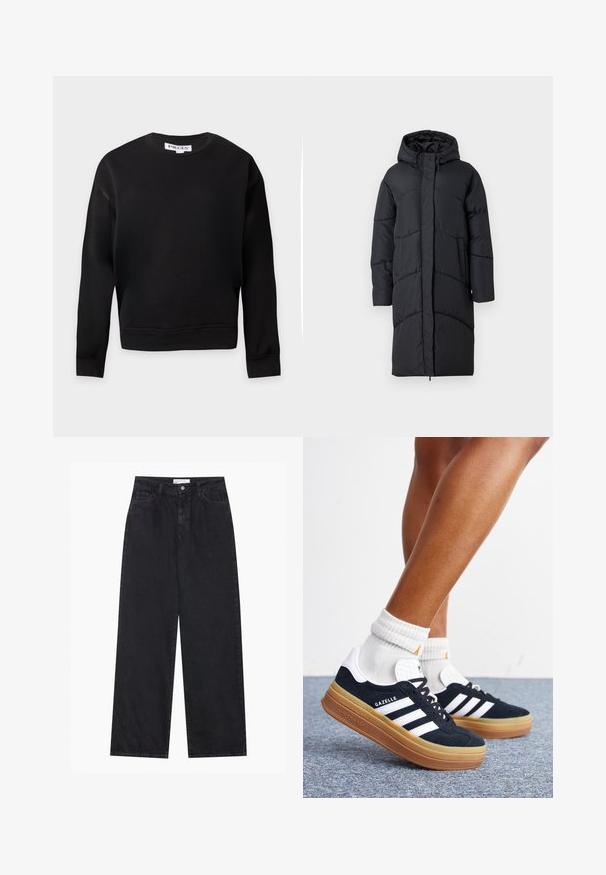 Sort polstret jakke med hætte, der har en frontlynlås, sidelommer og et quiltet design til isolering. Langærmet og knælængde.; Sort sweatshirt med lange ærmer og rund hals, med ribbenkanter ved ærmer og kant, vist på en ensartet lys baggrund.; Sorte højtaljede bredbenede denimjeans med frontknap og lynlås, bæltestropper og fem-lomme stil.; Ben iført hvide sokker og sorte Adidas Gazelle sneakers med hvide striber og tykke brune såler på et gråt tæppe.