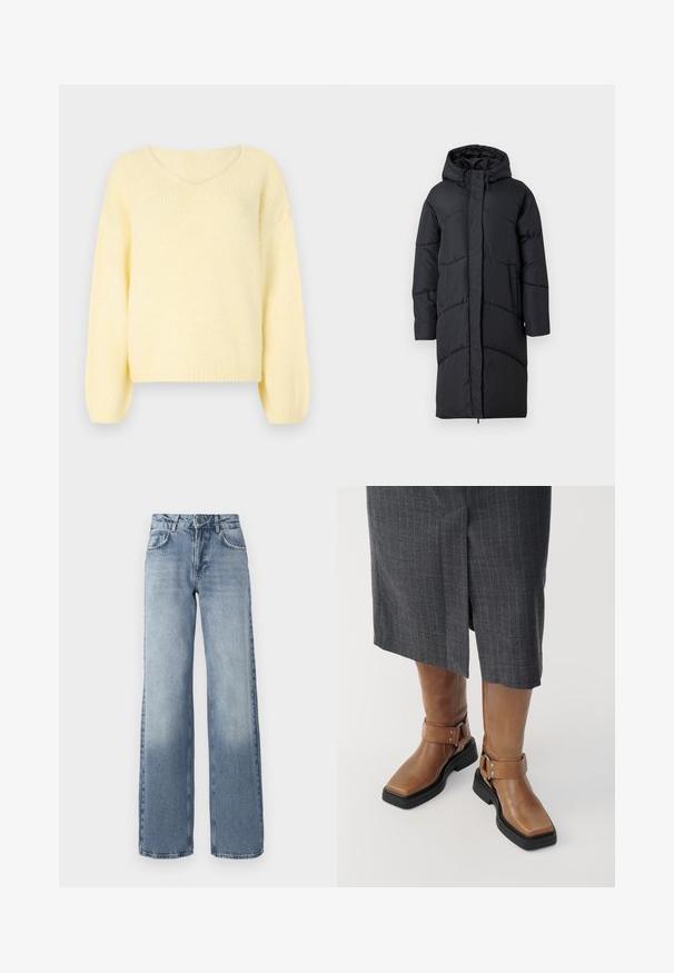 Sort polstret jakke med hætte, der har en frontlynlås, sidelommer og et quiltet design til isolering. Langærmet og knælængde.; JDY Knitted JDYDINEA Knitted - Striktrøje - pastel yellow; Bredde ben bløde denim jeans i blå med en lys vask, lynlås, fem-lomme design og subtil falming nær anklerne.; Brune læder knæhøje støvler med firkantet tå, sort gummisål og justerbar spænde-detalje. Båret med en grå stribet nederdel.