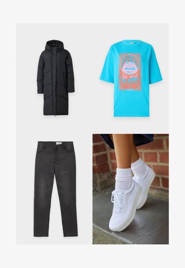 Sort polstret jakke med hætte, der har en frontlynlås, sidelommer og et quiltet design til isolering. Langærmet og knælængde.; Turkis bomulds t-shirt med korte ærmer, der har et grafisk print af læber og tekst i pink og orange, indrammet af dekorative kanter.; Sort denim med lige ben, knap- og lynlåslukning, for- og baglommer samt diskret falming på lårene, lagt fladt på en hvid baggrund.; Hvide lærreds sneakers med gummisåler, der har seks snørehuller, rund tå og let sømdetaljer, krydret med hvide ankelstrømper.