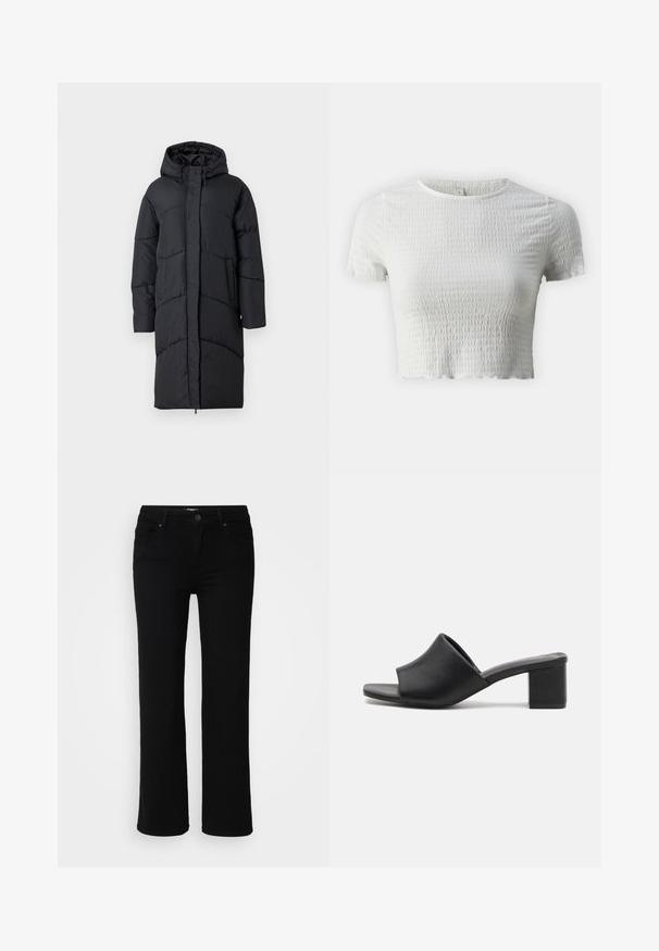 Schwarze gepolsterte Jacke mit Kapuze, ausgestattet mit einem Frontreißverschluss, Seitentaschen und einem gesteppten Design zur Isolierung. Lange Ärmel und knielang.; ONLY Petite ONLNADIE - T-Shirt basic - cloud dancer; Schwarze Denim-Hosen mit geradem Bein, ausgestattet mit einem Reißverschluss und einem Knopfverschluss, vorderen und hinteren Taschen sowie einer glatten Textur.; Schwarze Leder-Mules mit Blockabsatz und offenem Zehenbereich, mit einer glatten Oberfläche und einem leicht geschwungenen Schaft für Komfort und Stil.