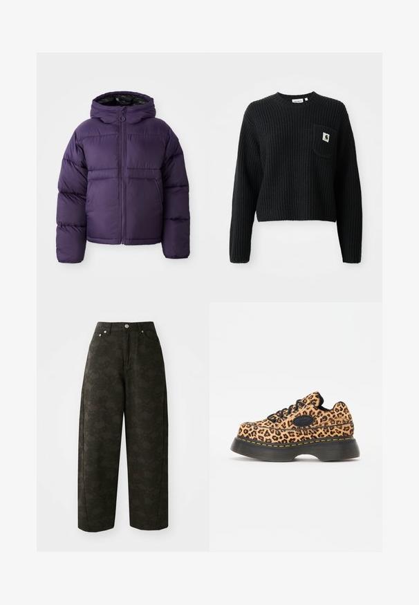 Chaqueta de plumas morada con capucha, con cierre frontal de cremallera, puños elásticos y una textura lisa y suave. Diseño ligero para mantener el calor.; Suéter de punto canalé negro con cuello redondo, mangas largas y un bolsillo frontal con un pequeño parche de logo. Longitud corta.; Pantalones de pierna ancha verde oscuro con un patrón floral texturizado, diseño de cinco bolsillos y cierres de botón metálicos en la cintura.; Zapatillas de plataforma con estampado de leopardo, cordones negros, material texturizado y detalle de costura amarilla sobre una gruesa suela de goma negra.