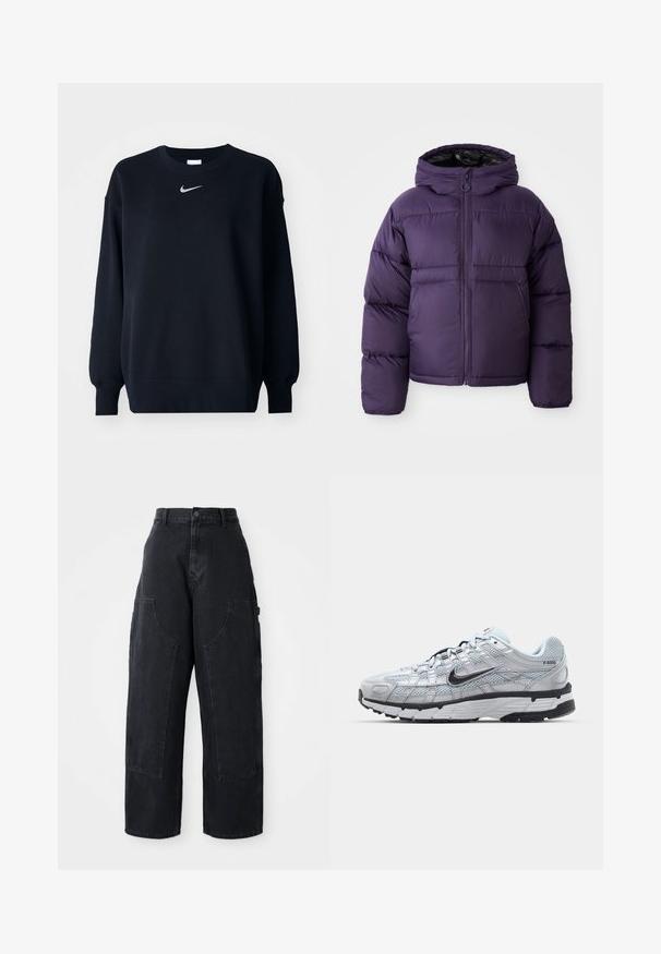 Chaqueta de plumas morada con capucha, con cierre frontal de cremallera, puños elásticos y una textura lisa y suave. Diseño ligero para mantener el calor.; Sudadera negra hecha de una mezcla de algodón; cuello redondo ribeteado, mangas largas y puños elásticos; presenta un pequeño logo plateado de Nike en el pecho.; Pantalones cargo de denim negro de pierna ancha con cintura alta, dos grandes bolsillos frontales y cierre de botón en la cintura. Textura suave, diseño casual.; Zapatillas Nike P-6000 con parte superior de malla gris claro, acentos negros y suela de goma negra duradera. Presentan un diseño intrincado y un sistema de cordones.