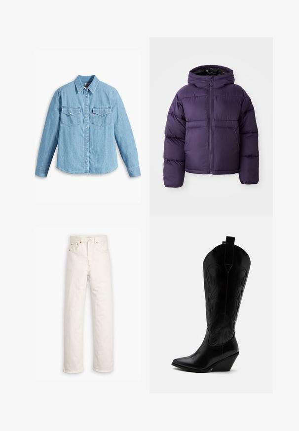 Lilla pufferjakke med hætte, der har lynlås foran, elastiske manchetter og en glat, slidstærk tekstur. Letvægtsdesign for varme.; Lyseblå denimskjorte med lange ærmer, spidse krave, to brystlommer, knaplukning og subtil tekstur. Ingen synlige mønstre.; Hvide denim jeans med lige ben, fem-lommestil og kobberdetaljer. Rå kantfinish ved anklerne.; Sort læder cowboystøvle med spidst tåparti, skråt blokhælhæl, dekorative sømme og trækstropper øverst mod hvid baggrund.