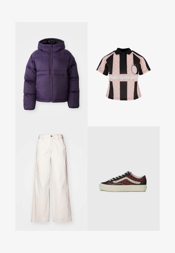 Chaqueta de plumas morada con capucha, con cierre frontal de cremallera, puños elásticos y una textura lisa y suave. Diseño ligero para mantener el calor.; Camisa polo negra y rosa con cuello abotonado, diseño a rayas, parche con logo y patrones sutiles en la textura de la tela.; Pantalones de mezclilla blanca de pierna ancha con costuras rojas, que cuentan con una cintura alta, cierre frontal con botón y bolsillos laterales. Tejido de algodón texturizado.; Vans OLD SKOOL 36 UNISEX - Zapatillas - bordeaux