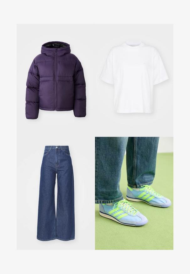 Lila Steppjacke mit Kapuze, ausgestattet mit einem Reißverschluss vorne, elastischen Bündchen und einer eleganten, glatten Oberfläche. Leichtes Design für Wärme.; Weißes Baumwoll-T-Shirt mit Rundhalsausschnitt, kurzen Ärmeln und lockerer Passform. Verfügt über ein dezentes Logo auf der linken Brustseite. Glatte Textur.; Hellebeinsjeans aus dunkelblauem Denim. Hohe Taille mit Reißverschluss und Knopfverschluss. Klassische Fünf-Taschen-Optik und gesäumte Kanten.; Hellblaue Sportschuhe mit grünen Akzenten, aus Wildleder und synthetischem Material, ausgestattet mit drei Streifen und einer strukturierten Sohle. Kombiniert mit lockeren Jeanshosen.