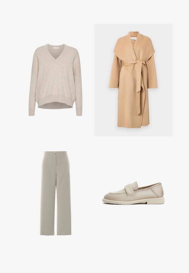 Abrigo de lana color camel con amplio cuello y cinturón atado, mangas largas y largo hasta la rodilla, exhibido sobre un fondo blanco.; Suéter beige de cuello en v con hombros caídos, mangas largas y un corte relajado. Tela suave y texturizada con un dobladillo ligeramente recortado.; Pantalones anchos de color gris claro con cierre de botón y cremallera, presillas para cinturón y un acabado liso y confeccionado.; Mocasines de cuero beige con una textura suave, que cuentan con una correa elevada en la parte superior y una suela de goma baja y plana.
