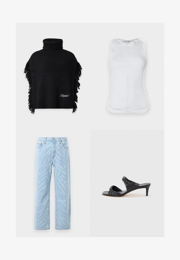 Poncho noir en maille sans manches avec col roulé haut, côtés à franges, ourlet côtelé et petit logo blanc brodé près du bas.; Top sans manches blanc en coton côtelé, présentant un design ajusté, un col rond et des coutures visibles sur les côtés.; Jeans droit light blue avec un motif subtil de rayures zèbres, fermeture par bouton et zip, et design à cinq poches.; Sandales à talons noirs avec un bout carré, fabriquées en cuir lisse. Elles présentent des brides froncées et un talon fin pour plus d'élévation.