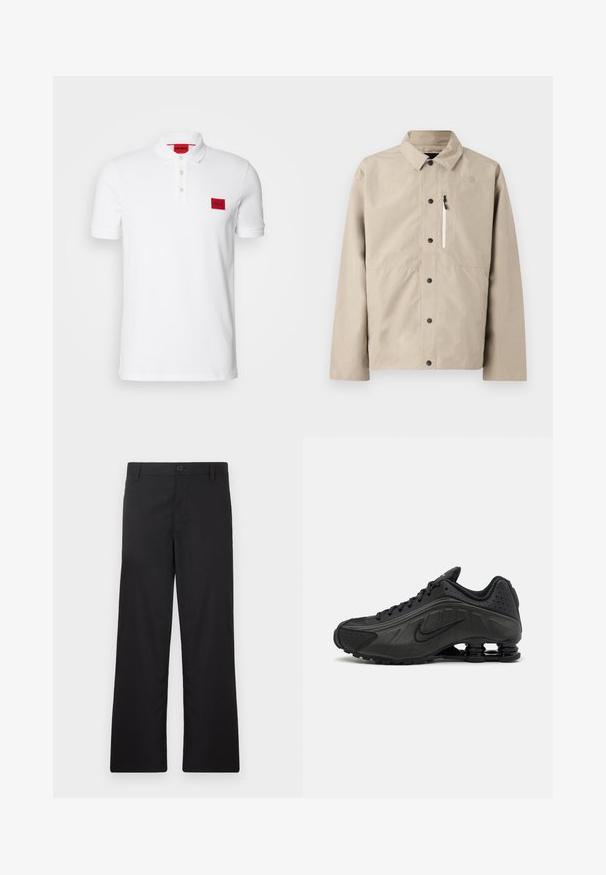 Beige North Face overhemdjack met kraag en ritszak op de borst, ontworpen voor buitenactiviteiten.; Witte polo gemaakt van katoen, met een drieknops sluiting, korte mouwen en een rood rechthoekig logopatch op de linker borst.; Zwarte broek met een rechte pijp, gemaakt van gladde stof. Voorzien van een knoopsluiting aan de voorkant en zonder zichtbare patronen of accenten.; Zwarte hardloopschoenen met een glad bovenwerk van synthetisch materiaal, geperforeerde accenten, gestructureerde zijpanelen en een opvallende veerkrachtige zool.