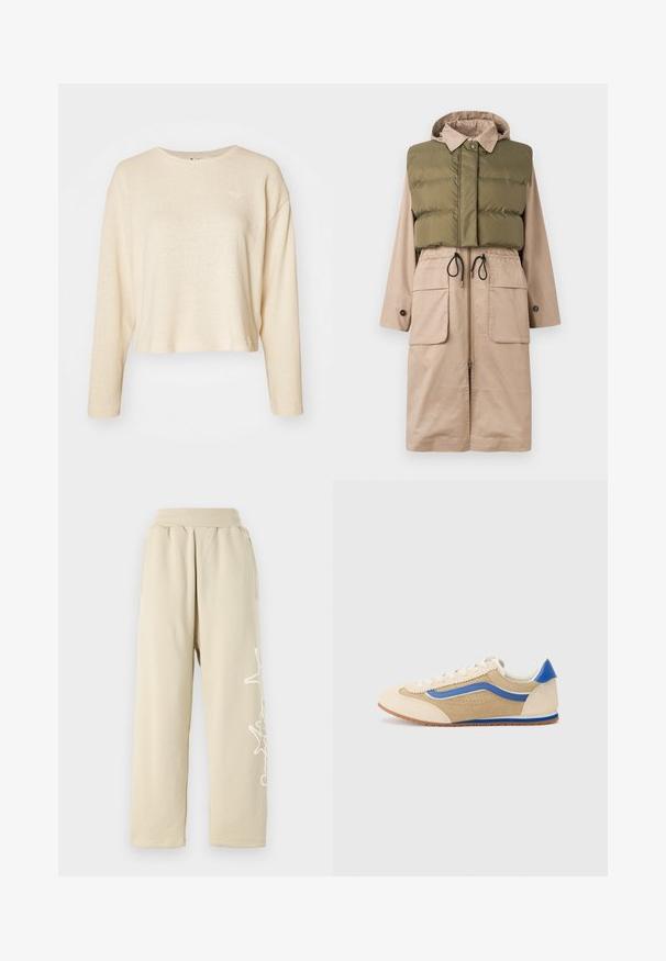 H2O Fagerholt SHERLOCK - Parka - sand/dark green moss; Pull court couleur crème avec des manches longues, fabriqué en tissu texturé. Présente un petit logo discret sur la poitrine et un col rond.; Pantalons de jogging beige, coupe décontractée, avec une taille élastique, des poches latérales et un détail graphique blanc le long de la jambe gauche. Matière en coton doux.; Baskets en suede beige clair avec une bande latérale bleue et un accent au talon. Bout arrondi, lacets plats et détails perforés sur le dessus. Semelle en caoutchouc.