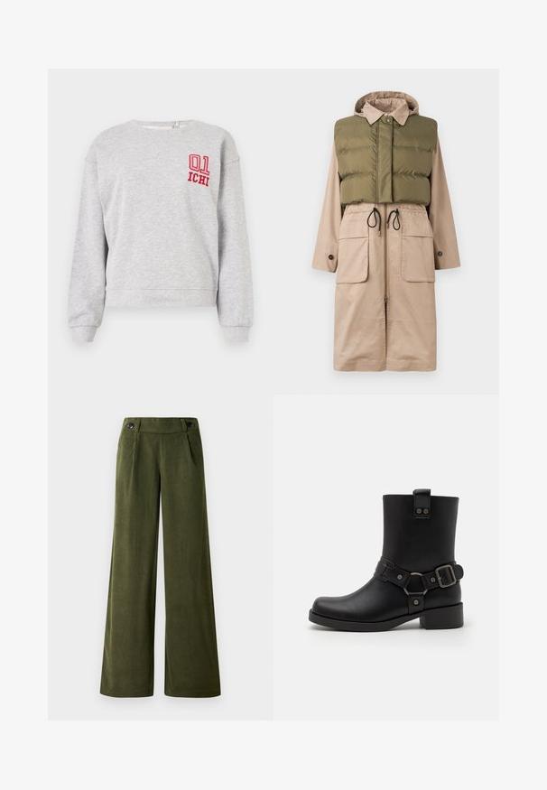 H2O Fagerholt SHERLOCK - Parka - sand/dark green moss; Sweatshirt gris à manches longues, col ras du cou et poignets côtelés ; présente un "01" rouge brodé et "ICHI" sur la poitrine gauche.; Pantalons en velours côtelé à jambes larges de couleur vert foncé. Présentent une texture lisse, deux poches avant et deux fermetures à boutons à la taille.; Bottine en cuir noir avec un bout carré, un talon arrondi, une sangle décorative avec une boucle, et des accents métalliques. Texture lisse.