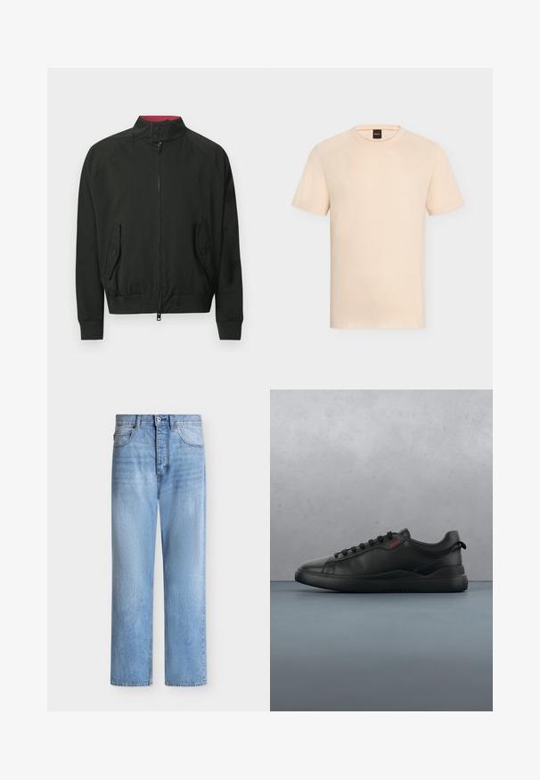 Blouson aviateur noir avec col montant, zipper frontal et deux poches latérales. Comprend des poignets et un ourlet côtelés, avec une couleur intérieure contrastante.; T-shirt beige manches courtes à col rond avec un logo « BOSS » discret sur la poitrine et une étiquette noire à l’intérieur de l’encolure.; Jean droit en denim bleu clair avec fermeture par bouton et zip, poches avant et arrière, et passants de ceinture à la taille.; HUGO BLAKE - Baskets basses - black