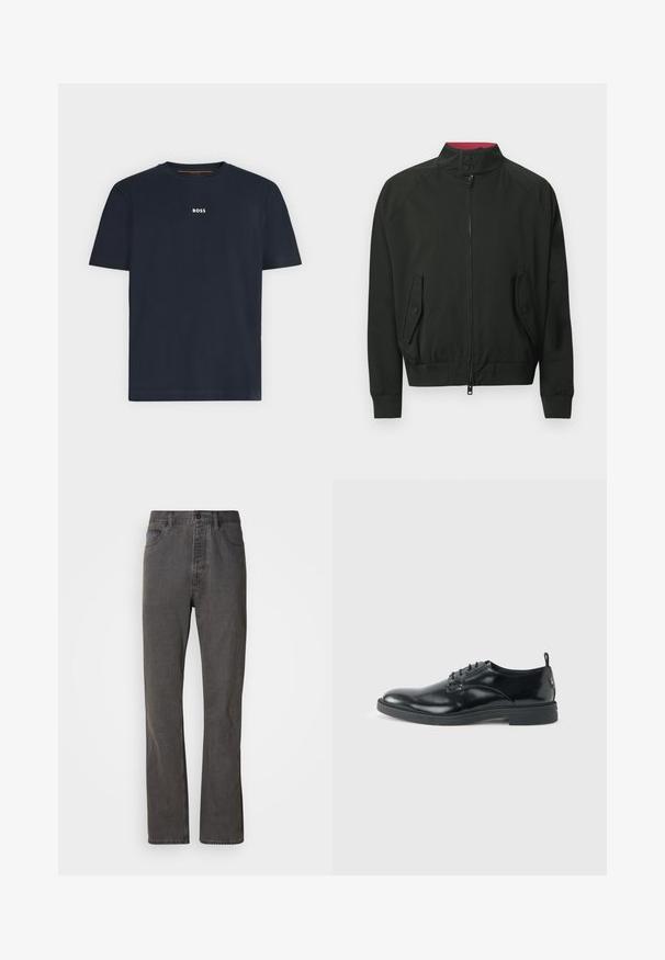 Schwarze Bomberjacke mit Stehkragen, Frontreißverschluss und zwei Seitentaschen. Verfügt über gerippte Bündchen und Saum sowie eine kontrastierende Innenfarbe.; Marineblaues Kurzarm-T-Shirt mit Rundhalsausschnitt und kleinem weißen "BOSS"-Logo mittig auf der Brust.; Graue Denim-Jeans im geraden Schnitt, mit frontalen Taschen, einem Knopfverschluss und subtiler Textur.; Glänzender schwarzer Lederschuh mit niedrigem Absatz, Schnürverschluss und runder Kappe, seitlich auf hellem, schlichten Hintergrund gezeigt.