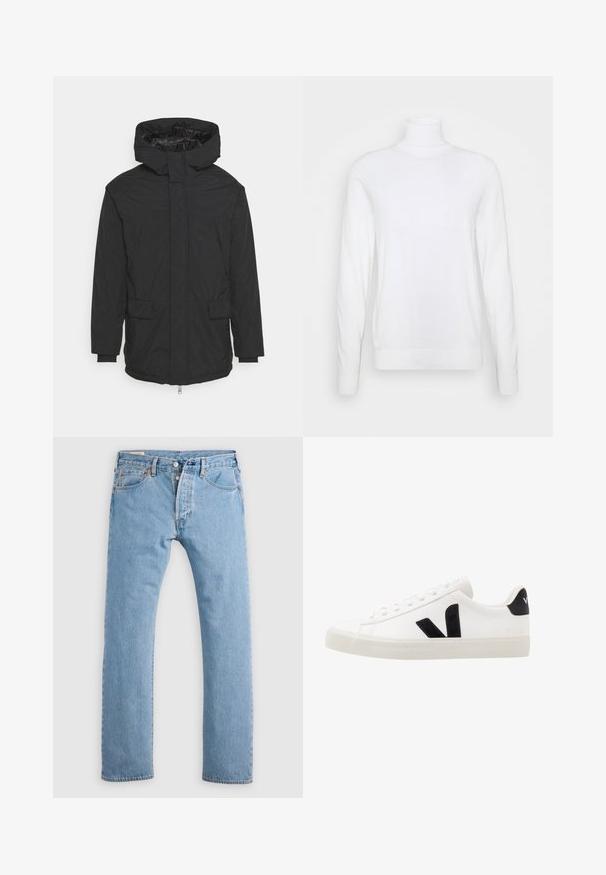 Zwarte hoodiejack gemaakt van waterafstotende stof. Voorzien van een voorkant rits, twee voorkantzakken en elastische manchetten voor een snug fit.; Witte coltrui met lange mouwen, gemaakt van een zachte stof. Heeft een aansluitend ontwerp en geribde manchetten en zoom. Geen patronen of accenten.; Lichtblauwe rechte spijkerbroek met knoopsluiting, riemlussen en voor- en achterzakken, weergegeven op een witte achtergrond.; Witte leren sneaker met zwarte suède accenten; voorzien van een rubberen zool, ronde neus en een klassieke vetersluiting. Zijkant met logo in het zwart.