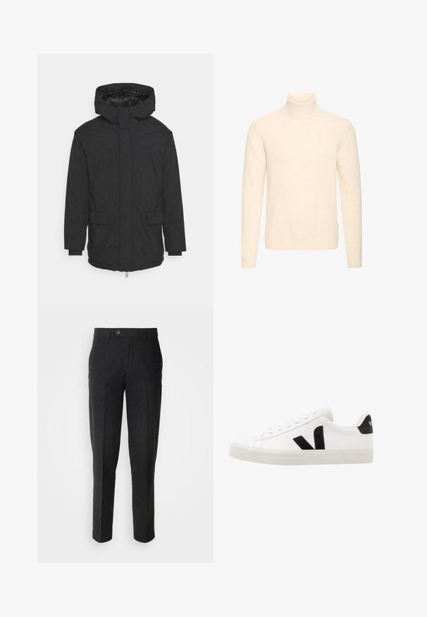 Chaqueta negra con capucha hecha de tejido resistente al agua. Cuenta con una cremallera frontal, dos bolsillos en la parte delantera y puños elásticos para un ajuste ceñido.; Jersey de cuello alto de manga larga en color crema, con cuello, puños y bajo de canalé, mostrado sobre un fondo blanco liso.; Lindbergh Pantalones - black melange; Zapatilla de cuero blanca con acentos de ante negro; presenta una suela de goma, puntera redonda y un diseño clásico de cordones. Logo lateral en negro.