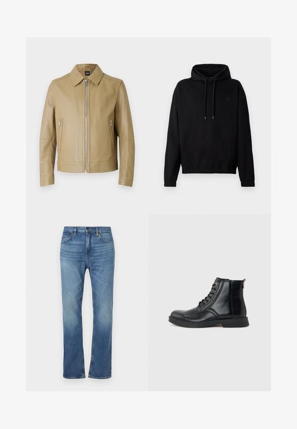 Veste en cuir beige avec col à revers, fermeture éclair à l'avant et deux poches latérales zippées. Texture lisse et coupe ajustée.; Haut à capuche noir avec cordon de serrage, poignets élastiques et ourlet. Présente un petit logo ton sur ton sur la poitrine. Texture de tissu douce.; Jean en denim bleu avec une coupe droite. Comprend cinq poches, une fermeture à bouton et un léger délavage à l'avant et à l'arrière.; Bottine en cuir noir avec laçage à l'avant, bout arrondi, semelle plate et languette à l'arrière sur un fond uni gris clair.