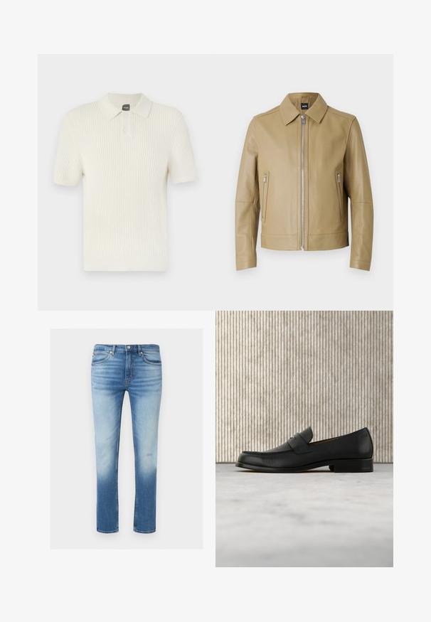 Chaqueta de cuero color camel con cuello de solapa, cierre frontal con cremallera y dos bolsillos laterales con cremallera. Textura suave y corte entallado.; BOSS AKOPPO - Polo - open yellow; Jeans azul ajustados para hombre con parte delantera descolorida, diseño clásico de cinco bolsillos, cierre de botones y passantes para cinturón.; Zapato mocasín de cuero negro flotando sobre una alfombra beige con una mesa redonda marrón brillante al fondo.