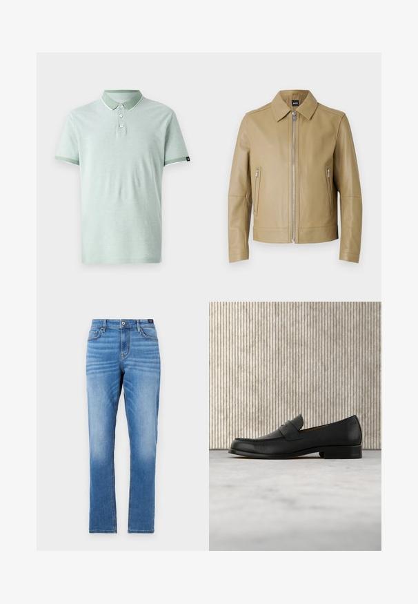 Veste en cuir beige avec col à revers, fermeture éclair à l'avant et deux poches latérales zippées. Texture lisse et coupe ajustée.; Polo shirt vert clair en tissu doux, avec un col classique, trois boutons, des accents blancs sur le col et les manches.; Jean en denim bleu clair avec une coupe droite, un design à cinq poches, une fermeture à bouton sur le devant et un léger délavage au niveau des cuisses.; Mocassin en cuir noir flottant au-dessus d'un tapis beige avec une table ronde brune brillante en arrière-plan.
