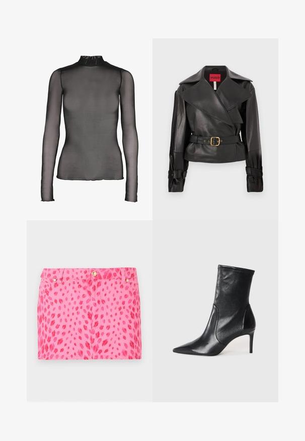Chaqueta de cuero negra con cuello ancho, cintura con cinturón y hebilla dorada, y hombros estructurados. Textura suave con acabado liso.; Top negro de manga larga hecho de tela transparente con cuello alto. Presenta un diseño ajustado y sutiles detalles en el dobladillo de los puños y el borde inferior.; Minifalda vaquera rosa con estampado de leopardo rojo, botón dorado y detalles con remaches, con bolsillos delanteros y trabillas para cinturón.; Botas negras hasta el tobillo hechas de cuero suave, con punta afilada, caña ajustada y tacón alto delgado. Diseño minimalista sin herrajes visibles.