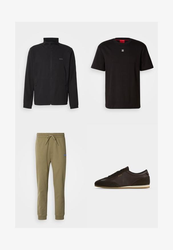 Must must jacket, millelõikega krae, ees lukuga kinnitamine ja kaks küljetaskut. Vasakul rinnas on peen logo ja elastsed varrukaotsad.; HUGO DALILE - Lihtne T-särk - black; Olivroheline dressipüüks koos elastse vöökoha ja paelaga. Omab küljetaskuid ja soonikuid mansette. Valmistatud pehmest, venivast materjalist.; Tumepruun nahast ja seemisnahast toss, ees paelad, hele tald ja küljele kuldses värvitoonis "BOSS" logo.