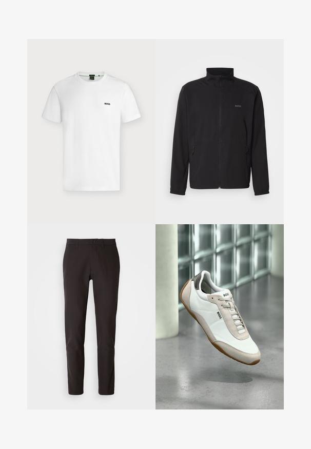 Schwarze Jacke mit Stehkragen, frontalem Reißverschluss und zwei Seitentaschen. Besitzt ein dezentes Logo auf der linken Brust und elastische Bündchen.; Schlichtes weißes T-Shirt mit kurzen Ärmeln und kleinem schwarzen "BOSS"-Logo auf der linken Brust, vor hellem Hintergrund gezeigt.; Schwarze Hose aus glattem Stoff, mit geradem Schnitt, standardmäßigem Bund mit Knopfverschluss und ohne sichtbare Taschen oder Muster.; Weißer und beiger BOSS-Sneaker mit brauner Sohle, der über einem polierten Betonboden vor einer Glassteinwand schwebt.