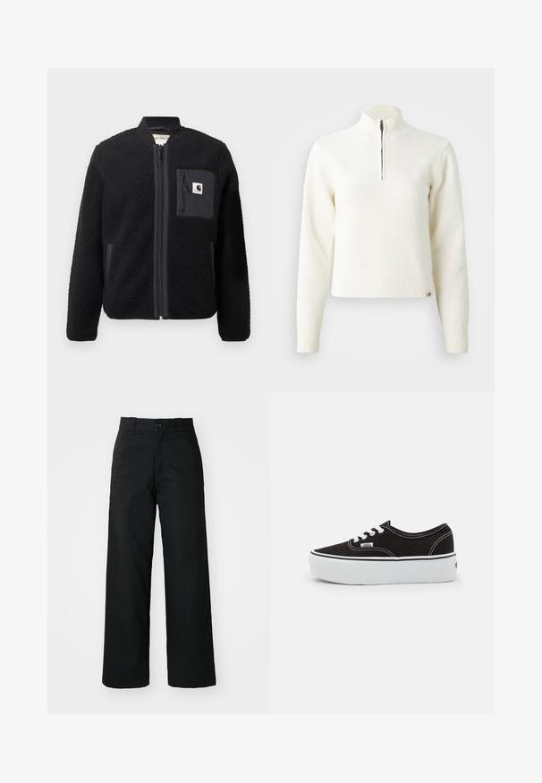 Sort fleeced bomberjakke med lynlås foran, ribbede manchetter og en brystlomme. Har struktureret stof og ensfarvet design.; Hvid, sweater med lynlås ved halsen og lange ærmer. Lavet af et blødt strikmateriale, med ribbede manchetter og kant. Diskret mærke-logo ved kanten.; Sorte vide bukser med flad front, knaplukning og bæltestropper. Fremstillet af holdbart stof med en glat tekstur.; Sort lærred sneakers med en hvid gummi platform sål, der har hvide snørebånd og syninger, ikonisk branding på siden, lav-top design.