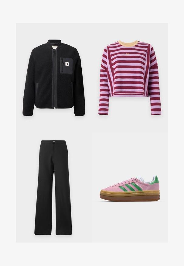 Sort fleeced bomberjakke med lynlås foran, ribbede manchetter og en brystlomme. Har struktureret stof og ensfarvet design.; Langærmet cropped sweater med horisontale vinrøde og lyse lilla striber samt en beige rund halsudskæring.; Sorte bukser med vid ben lavet af et blødt stof, med knaplukning foran, rene linjer og et minimalistisk design uden mønstre.; Lyserøde ruskindsneakers med grønne striber, hvide accenter og en brun gummisål. Har tekstureret stof og logodetaljer på siden.