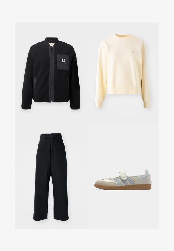 Veste bomber en polaire noire avec fermeture éclair à l'avant, poignets côtelés et poche poitrine. Présente un tissu texturé et un design de couleur unie.; Sweatshirt jaune clair avec des manches longues, un col rond, des poignets côtelés et un petit logo sur la poitrine. Fabriqué à partir d'un tissu doux et texturé.; Jean noir taille haute à jambes larges avec poches avant et fermeture à bouton, présenté sur un fond blanc uni.; adidas Originals SAMBA JANE BALLERINA - Babies - cloud white/halo blue