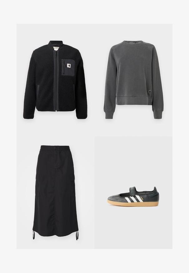 Zwarte fleece bomberjack met een rits aan de voorkant, geribbelde manchetten en een borstzak. Kenmerkt zich door de textuur van de stof en het effen kleurontwerp.; Crewneck sweatshirt in donkergrijs weefsel, met ribbels aan de manchetten en onderkant, en een klein logo-patch aan de onderzijde. Zachte textuur.; Zwarte mid-lange rok van lichtgewicht stof. Heeft een elastische tailleband, knoopsluiting en zijzakken met trekkoordaccenten.; Zwarte leren en suède sneaker met een klittenbandsluiting, voorzien van drie witte strepen en een gumzool, met de naam "SAMBA" aan de zijkant.