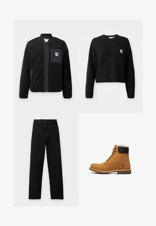 Sort fleeced bomberjakke med lynlås foran, ribbede manchetter og en brystlomme. Har struktureret stof og ensfarvet design.; Sort ribbenstrikket sweater med rund hals, lange ærmer og en frontlomme med et lille logo patch. Forkortet længde.; Sorte bukser med lige ben, forlommer, bæltestropper og knaplukning på en ensfarvet lys baggrund.; Brune læder ankelstøvle med en mørkebrun polstret krave, metaløjer og en tekstureret, holdbar sål. Har et logo nær hælen.