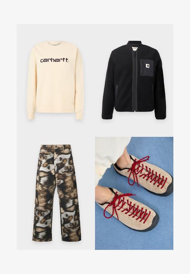 Veste bomber en polaire noire avec fermeture éclair à l'avant, poignets côtelés et poche poitrine. Présente un tissu texturé et un design de couleur unie.; Sweat-shirt beige Carhartt à col rond avec manches longues et logo "carhartt" noir centré sur la poitrine.; Pantalon à jambes larges présentant un motif abstrait audacieux en noir, marron et crème. Confectionné dans un tissu texturé avec une taille haute.; Des chaussures beiges avec des lacets rouges, posées sur une surface bleue texturée, révèlent partiellement la cheville d'une personne. Les chaussures ont un design sportif.