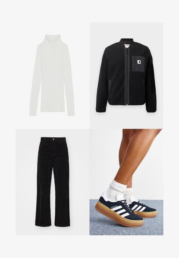 Chaqueta bomber de forro polar negra con cierre de cremallera frontal, puños acanalados y un bolsillo en el pecho. Presenta un tejido texturizado y diseño de color sólido.; Suéter de cuello alto de canalé blanco con mangas largas, textura suave y un alto cuello enrollado, presentando un diseño ajustado y sin cierres visibles.; Pantalones de pana anchos en color negro con cintura alta, que cuentan con un cierre frontal de botón y cremallera, y una textura acanalada vertical en todo su diseño.; Piernas con calcetines blancos y zapatillas Adidas Gazelle negras con rayas blancas y suelas marrones gruesas sobre un suelo alfombrado gris.