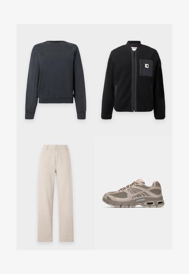 Must schwarze fleece-bomber-jakk, millel, lukkumine, soonikkoesed ja rindade tasku. Omab tekstuuriga kangast ja ühtlase värvi disaini.; Tumehall kašmiriga sweatshirt ümarate kraega, raglan varrukatega ja soonikuäärtega. Sile tekstuur, ilma nähtavate mustrite või aktsentideta.; Beige laiendid püksid puuvillast, millel on eesnuppude sulgemine, vöörihmade silmad ja klassikaline lõige puhaste joontega.; Bež spordijalanöör, millel on võrgusilma ülemine osa, vormitud detailid, ümar varvas ja nähtav õhkpadjandus tallas. Paelad neutraalses toonis.