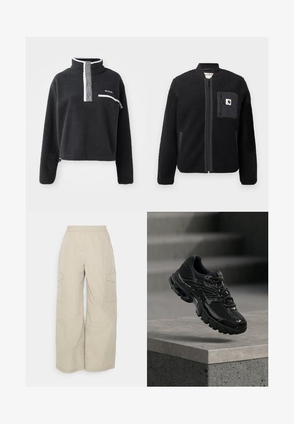 Chaqueta bomber de forro polar negra con cierre de cremallera frontal, puños acanalados y un bolsillo en el pecho. Presenta un tejido texturizado y diseño de color sólido.; Sudadera de forro polar negra con cuello de media cremallera, que presenta un bolsillo en el pecho y acentos en blanco y gris contrastantes. Textura suave, diseño recortado.; Pantalones cargo beige hechos de un material ligero, con una cinturilla elástica, piernas anchas y bolsillos laterales para almacenamiento.; Zapatilla de running negra de Nike con parte superior de malla y sintética flotando sobre una superficie de hormigón y escalones de fondo.