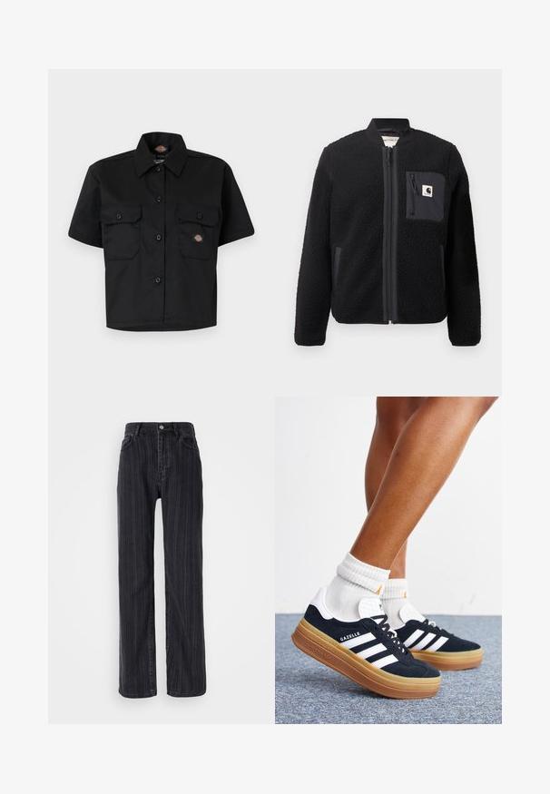 Chaqueta bomber de forro polar negra con cierre de cremallera frontal, puños acanalados y un bolsillo en el pecho. Presenta un tejido texturizado y diseño de color sólido.; Camisa negra de manga corta hecha de tela duradera, que presenta dos grandes bolsillos frontales y un diseño de botones con cuello.; Jeans de mezclilla negros de tiro alto con un patrón de rayas verticales, diseño de pierna recta y un cierre de botón metálico en la parte delantera.; Piernas con calcetines blancos y zapatillas Adidas Gazelle negras con rayas blancas y suelas marrones gruesas sobre un suelo alfombrado gris.
