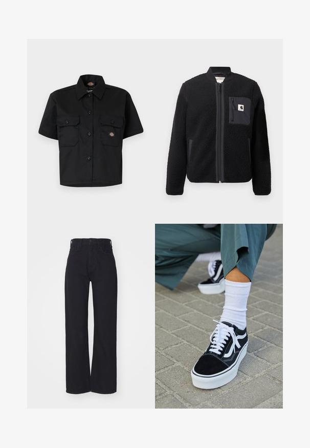 Schwarze Fleece-Bomberjacke mit Reißverschluss, gerippten Ärmeln und einer Brusttasche. Sie zeichnet sich durch einen strukturierten Stoff und ein einfarbiges Design aus.; Schwarz Kurzarmhemd aus strapazierfähigem Stoff, ausgestattet mit zwei großen Vorderaschen und einem Knopfverschluss mit Kragen.; Schwarze hochgeschnittene weite Jeans mit Knopf- und Reißverschluss vorne, Gürtelschlaufen und zwei Vordertaschen auf weißem Hintergrund.; Schwarze Wildledersneaker mit weißen Akzenten und Schnürsenkeln, ausgestattet mit einer dicken weißen Sohle und kontrastierenden Nähten, kombiniert mit einer weißen Socke.
