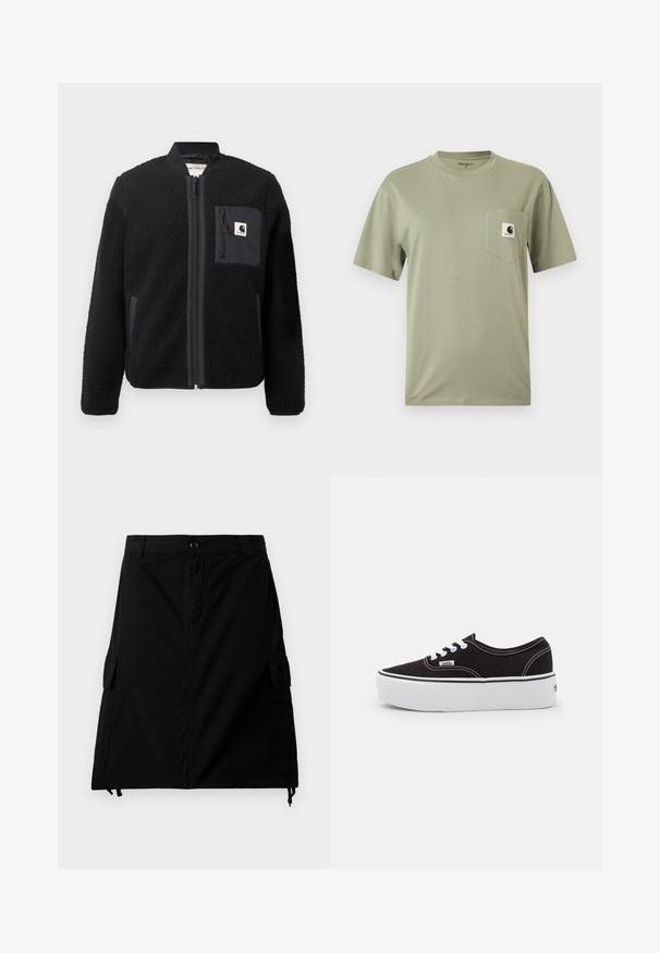 Sort fleeced bomberjakke med lynlås foran, ribbede manchetter og en brystlomme. Har struktureret stof og ensfarvet design.; Kortærmet, olivengrøn T-shirt med rund hals og brystlomme med lille Carhartt-logo.; Sort cargo-nederdel lavet af bomuldsblandingsstof med lige snit, med sidelommer, forreste knaplukning og justerbar snor i kanten.; Sort lærred sneakers med en hvid gummi platform sål, der har hvide snørebånd og syninger, ikonisk branding på siden, lav-top design.
