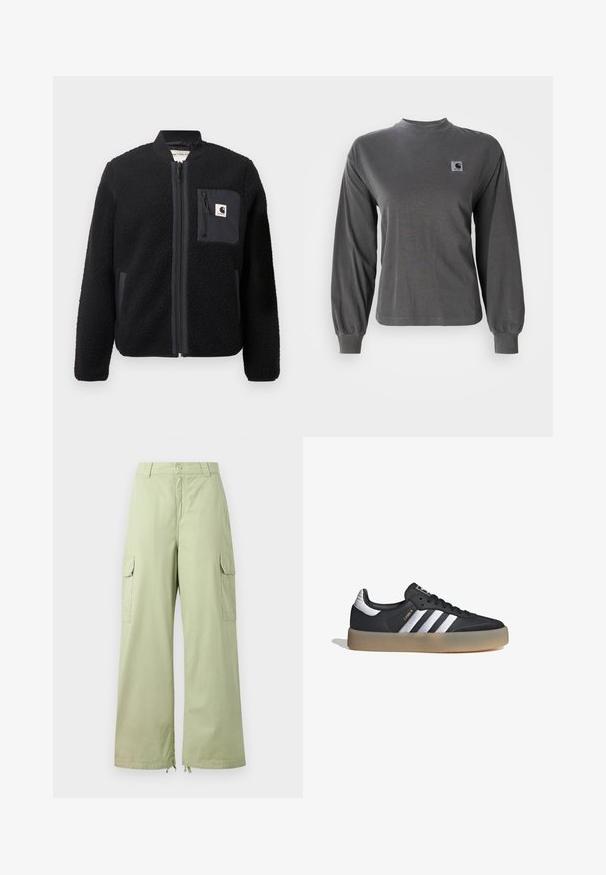 Chaqueta bomber de forro polar negra con cierre de cremallera frontal, puños acanalados y un bolsillo en el pecho. Presenta un tejido texturizado y diseño de color sólido.; Camiseta de manga larga gris hecha de algodón, con cuello redondo y puños elásticos, que cuenta con un pequeño logo cuadrado en el pecho.; Pantalones cargo verde claro con piernas anchas, hechos de algodón. Cuenta con dos bolsillos laterales y un cierre de botón. Textura suave y diseño casual.; Zapatilla deportiva de cuero negro con tres rayas plateadas, punta texturizada y suela de goma. Cuenta con un collar acolchado y un diseño con cordones.