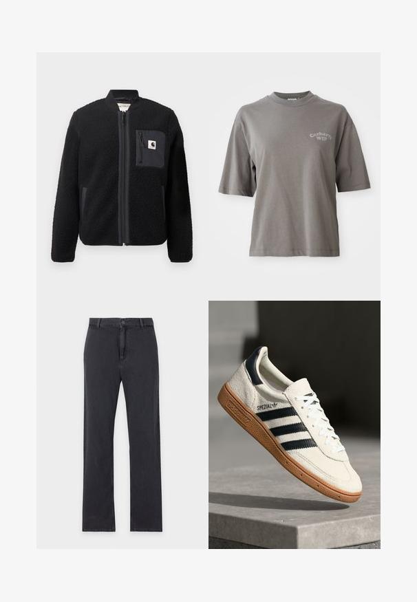Zwarte fleece bomberjack met een rits aan de voorkant, geribbelde manchetten en een borstzak. Kenmerkt zich door de textuur van de stof en het effen kleurontwerp.; Grijze katoenen T-shirt met korte mouwen, ronde hals en een klein Carhartt WIP-logo gedrukt op de voorkant. Soepele textuur, losvallende pasvorm.; Zwarte jeans met rechte pijpen, knoop- en ritssluiting aan de voorkant, riemlussen en klassiek ontwerp met vijf zakken, plat gelegd op een witte achtergrond.; Witte suède sneakers met marineblauwe strepen, rubberen gumzool, gestructureerde bovenkant, ronde neus en veters; heeft branding aan de zijkant en op de tong.
