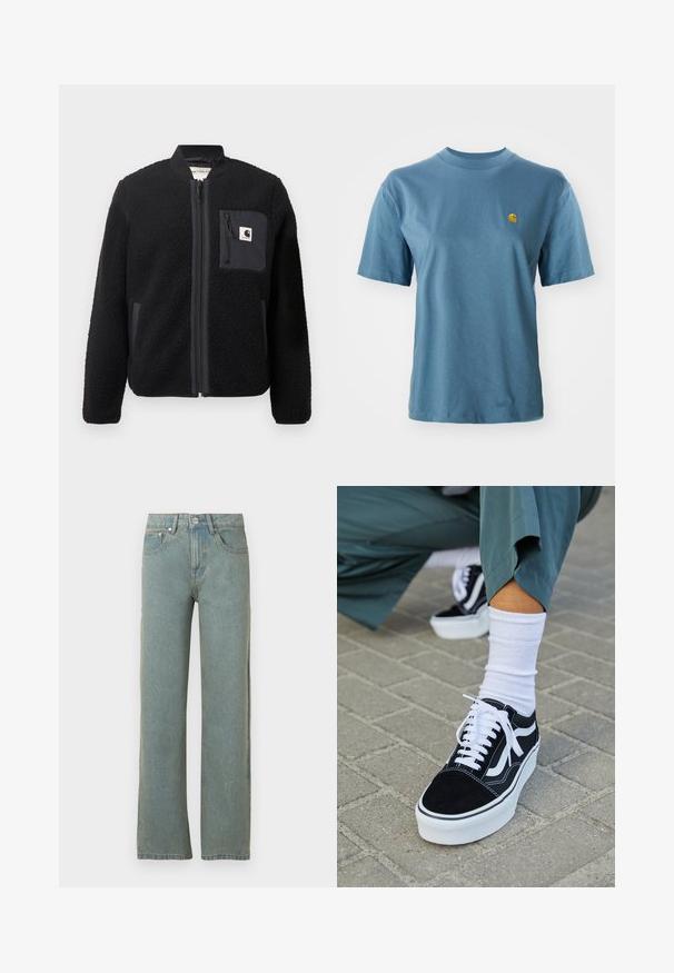 Must schwarze fleece-bomber-jakk, millel, lukkumine, soonikkoesed ja rindade tasku. Omab tekstuuriga kangast ja ühtlase värvi disaini.; Heledsinine puuvillane T-särk lühikeste varrukatega ja soonikkoes krae. Vasakul rinnal on väike kollane logo detailiks.; Heledad sinine sirge lõikega teksapüksid, mis on valmistatud denimist, viie tasku, nööbi ja tõmbluku kinnitusega ning kerge pleekimisega kangal.; Mustjad sametist tennisjalanõud valgete aktsentide ja nööridega, millel on paks valge tald ja kontrastsed õmblused, koos valge sokiga.