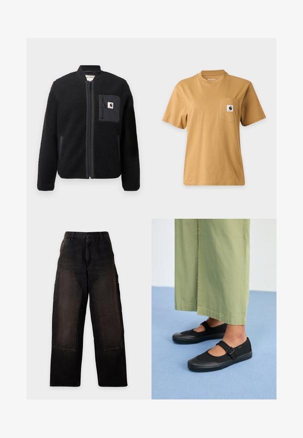 Schwarze Fleece-Bomberjacke mit Reißverschluss, gerippten Ärmeln und einer Brusttasche. Sie zeichnet sich durch einen strukturierten Stoff und ein einfarbiges Design aus.; Schlichtes braunes kurzärmeliges T-Shirt mit einer Brusttasche, die einen quadratischen Markenlogo-Patch zeigt, dargestellt auf einem einfachen hellen Hintergrund.; Schwarze, weit geschnittene Hose mit hoher Taille und großen aufgesetzten Vordertaschen, flach auf weißem Hintergrund dargestellt.; Schwarze Leinenschuhe mit runder Spitze, Gummisohle und einer Schnallenriemen. Kombiniert mit lockeren, hellgrünen Hosen.